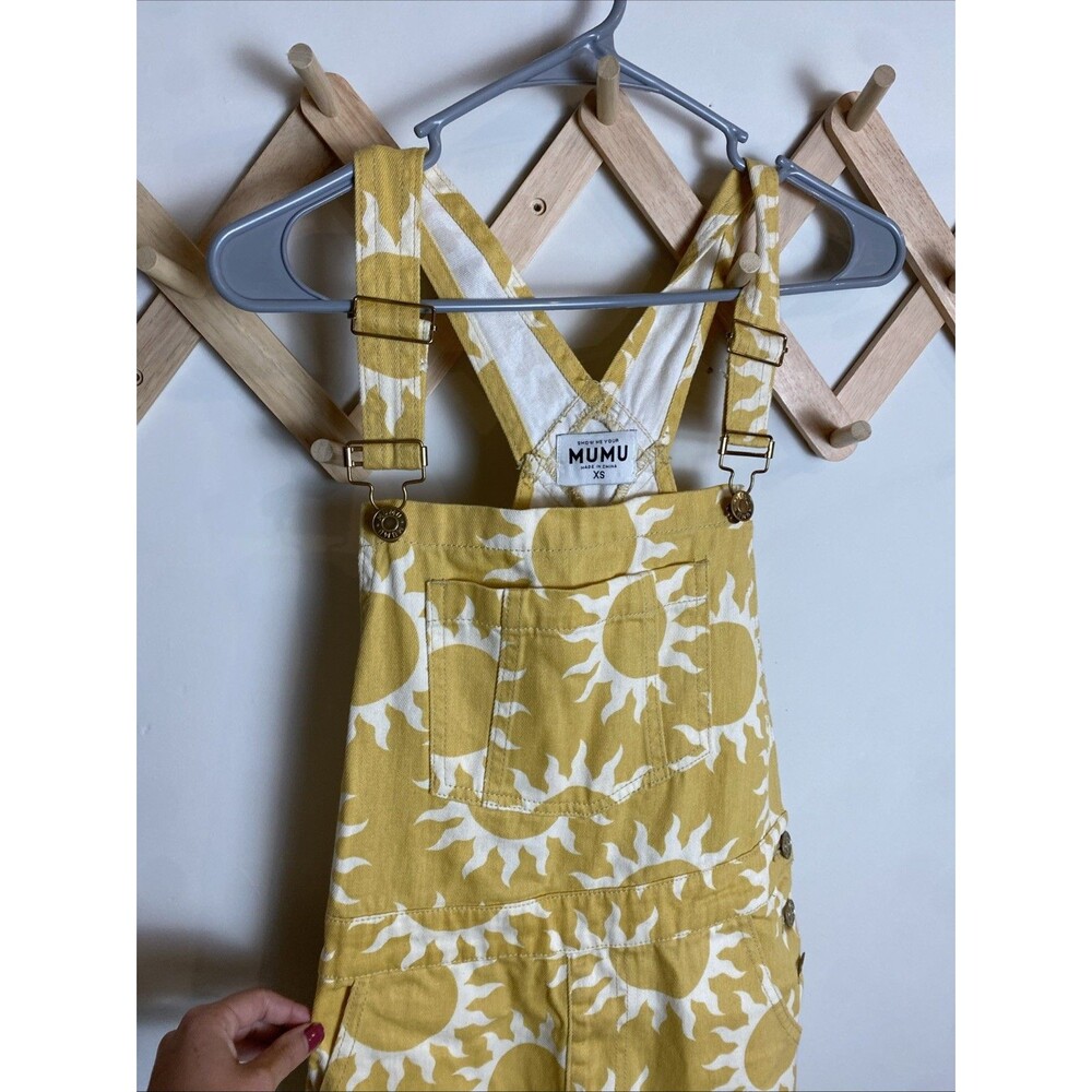 SHOW ME YOUR MUMU MARFA PARADISE SUN PRINT YELLOW DENIM OVERALLS XS $188 - Picture 5 of 8